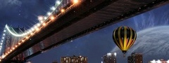 Мост, планета, река, город, воздушный шар, звёзды