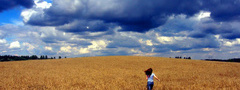 поле, небо, облака, тучи, девушка