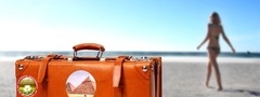 оранжевый, цвет, чемодан, путешествие, пляж, песок, горизонт, девушка, куро ...