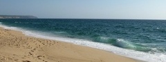 пляж, песок, следы, берег, море, волны