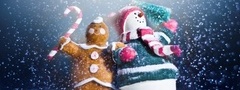 новый год, праздник, игрушки, сувениры, снеговик, пряник, снег, макро, фото