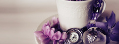 чашка, предметы, цветы, часы, бусы, разное, фиолетовый, цвет