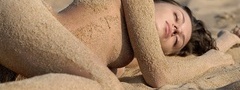 девушка, голая, песок, пляж, море