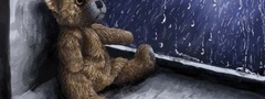 окно, игрушка, медвежонок, дождь