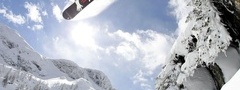 сноуборд, спорт, зима, снег, небо, ели, прыжок