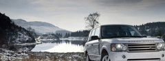 машина, внедорожник, Range Rover, снег, озеро, горы, небо