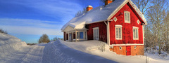 дорога, зимний, дом, солнечный, снежный