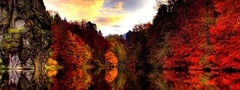 природа, осень, скалы, красный, цвет, вода, озеро, небо, облака