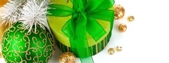 подарок, бант, зелёный, шар, с орнаментом, иней, на ветке, ёлки, happy new  ...