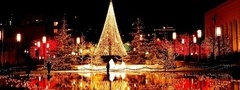 ночь, Новый год, елка, илюминация, огни, фонари, отражение, улица