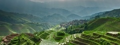 Рисовые террасы, Китай, зелень, горы, небо, лучи солнца, поселение