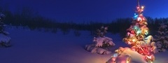 ночь, елка, снег, новый год, фонарики