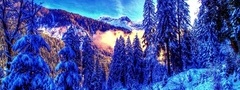 природа, зима, лес, дорога, снег, горы, утро