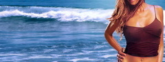 Jessica Alba, шатенка, тело, лицо, взгляд, море, волна, небо