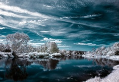 облака, озеро, зима, деревья