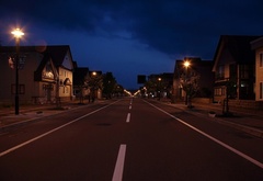 городок, улица, вечер, дорога, фонари