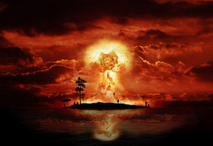 Остров, Ядерный взрыв, огонь, лев, вода, Тучи, люди