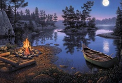 ночь, лодка, костер, озеро, отдых