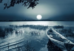 ночь, лодка, вода, луна
