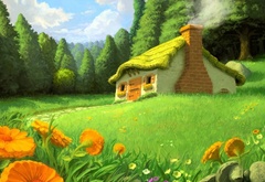 лес, домик, дом, поляна, камин, труба, дымок, лето, зелень, цветы, дорожка, деревья