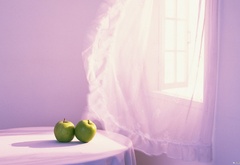 яблоки, окно, занавеска, свет, стол