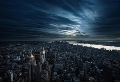 Нью-Йорк, город, высота, небоскрёбы, дома, улицы, огни, небо, вечер