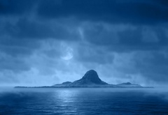 океан, остров, гора, ночь, облака, луна, туман