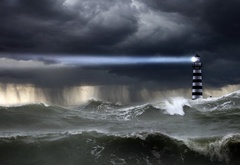 океан, шторм, волны, небо, тучи, дождь, ливень, маяк, луч, свет, стихия