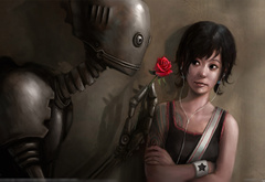 робот, симпатия, девушка, цветок, наушники