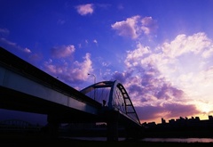Мост, город, закат, небо