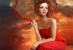 Фэнтэзи, зонтик, красное, платье, рыбы, небо, вода