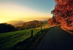 пейзаж, природа, nature, закат, восход, солнце, небо, горизонт, дорога, село, местность, деревья, листва, осень, autumn