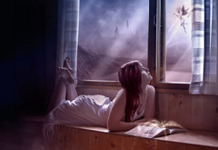 ночь, девушка, книга, волшебство, окно, фея