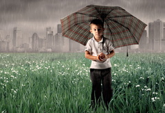 Дети, дождь, зонтик, трава