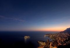 монако, вечер, море, небо, корабль, огни