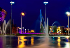 город, ночь, фонтан