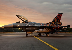 F-16, falcon, самолёт, отражение, закат
