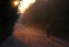 утро, девочка, велосипед, туман, лес