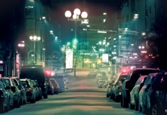 город, ночь, фонари, улица, машины
