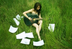 трава, зеленая, лист, аккорды, гитара, девушка