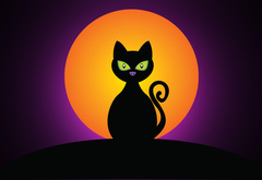 кошка, чёрная, хеллоуин, луна, силуэт