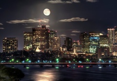 night, city, lights, moon