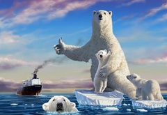 медведи, корабль, океан, льдина