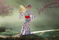 Японский, сад, девушка в кимоно