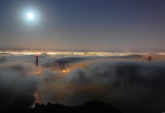 bridge, sky, fog, moon, lights