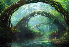 арки, речка, лес, девочка, рисунок