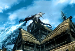 Skyrim, дракон, на крыше, домика
