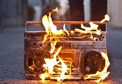 boombox, on, fire