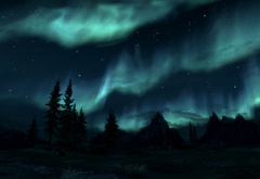 The Elder Scrolls 5, Skyrim, небо, солнечное сияние, сосны, горы, звезды
