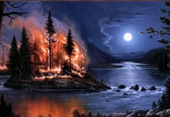 природа, ночь, река, луна, вода, остров, лес, пожар, огонь, пламя, языки